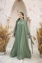 Women's Dress with Hijab Collar and Gathered Sleeves and Ribbon - 4