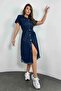 Short Sleeve Belted Midi Denim Dress with Hem Detail