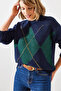 Women's Navy Blue Argyle Sweater 20246195 - 6