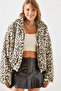 Women's Cream Leopard Patterned Faux Fur Coat 2426 60251795 - 7