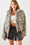 Women's Cream Leopard Patterned Faux Fur Coat 2426 60251795 - 6