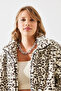 Women's Cream Leopard Patterned Faux Fur Coat 2426 60251795 - 4