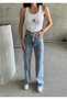 Women's High Waist Belted Buckle Waist Tassel Leg Tassel Ice Blue Snow Wash Palazzo Jean - 6