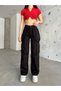 Women's Black High Waist Multi-Pocket Strap Detail Straight Fit Cargo Pants - 5