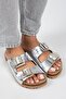 Croco Women's Genuine Leather Double Buckle Crocodile Silver Slippers - 3