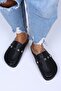 Women's Genuine Leather Closed Front Black Slippers - 2