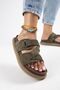 Tulipan Women's Genuine Leather Khaki Slippers with Straps