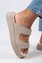 Farah Women's Genuine Leather Double Velcro Beige - Suede Slippers - 7