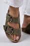 Irene Women's Genuine Leather Double Buckle Water Green - Silver Slippers - 4