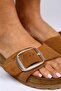 Jade Genuine Leather Single Band Silver Buckle Tan Slippers - 3