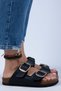 Irene Women's Genuine Leather Double Buckle Black Leather - Gold Slippers - 3