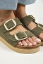 Selina Women's Leather Double Buckle Khaki Slippers - 3