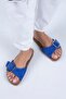 Jade Women's Genuine Leather Single Buckle Blue Suede - Silver Slippers - 4