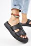 Paris Women's Genuine Leather Double-Strapped Black Slippers - 5