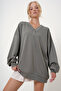 Women's Khaki V-Neck Oversize Sweatshirt with Snap Detail Alc-X12783 - 3