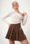 Women's Cream Asymmetrical Neck Drawstring Sandy Crop Blouse Alc-X12746 - 3