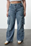 Mavi Yüksek Bel Geniş Paça Kargo Cepli Büyük Beden Wide Leg Jeans TBBSS24CJ00056 - 3