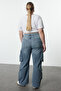 Mavi Yüksek Bel Geniş Paça Kargo Cepli Büyük Beden Wide Leg Jeans TBBSS24CJ00056 - 5