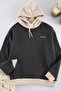 Antrasit Oversize/Geniş Kesim Kapüşonlu İçi Polarlı Renk Bloklu Nakışlı Sweatshirt TMNAW25SW00067 - 6