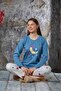Women's Cotton Blue White Moon Star Patterned Crew Neck Long Sleeve Pajama Set - 2