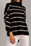 Women's Black Oversize Striped Half Turtleneck Knitwear Sweater - 7