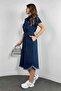Short Sleeve Belted Midi Denim Dress with Hem Detail - 5