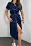 Short Sleeve Belted Midi Denim Dress with Hem Detail - 4