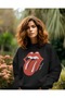 سويت شيرت أسود بياقة دراجة ثلاثية الخيوط مطبوع عليه The Rolling Stones للجنسين باللون الأحمر