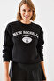 Women's Black Three Thread Embroidered Rochelle Text Printed Sweatshirt Mbhs001 60601001 - 2