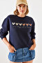 Women's Navy Blue Three Thread Embroidered Colorful Heart Printed Sweatshirt Mbhs007 60601007 - 5