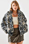 Women's Navy Blue Leopard Patterned Faux Fur Coat 2426 60251795 - 6