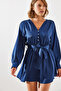 Women's Navy Blue Belted Button Detailed Satin Dress Mbms003 60501003