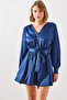 Women's Navy Blue Belted Button Detailed Satin Dress Mbms003 60501003 - 7