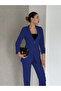 Navy Blue Folded Sleeve Detail Blazer Jacket and Carrot Cut Trousers Atlas Woven Fabric Suit