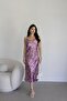 Purple Patterned Satin Midi Premium Dress - Strappy Degaje Collar - 3