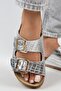 Croco Women's Genuine Leather Double Buckle Crocodile Silver Slippers - 4