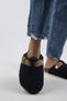 Suzen Teddy Women's Textile Furry Genuine Leather Belted Buckle Navy Blue-Sand Slippers - 6