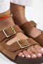 Anlelic Women's Genuine Leather Double Buckle Tan Slippers - 3