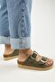Selina Women's Leather Double Buckle Khaki Slippers - 6