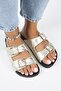 Anjelic Croco Women's Genuine Leather Double Buckle Gold Slippers - 2