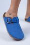 Zeta Women's Genuine Leather Belted Buckle Blue - Gold Slippers - 5