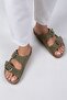 Irene Women's Genuine Leather Double Buckle Water Green - Silver Slippers - 5