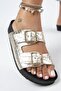 Anjelic Croco Women's Genuine Leather Double Buckle Gold Slippers - 5
