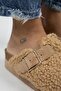 Juno Women's Textile Furry Genuine Leather Belted Buckle Caramel Slippers - 3