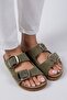 Irene Women's Genuine Leather Double Buckle Water Green - Silver Slippers - 3