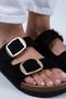 Irene Women's Genuine Leather Double Buckle Black Suede - Gold Slippers - 4