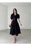 Black Double-Breasted Collar Stone-Detail Draped Midi Dress - 2