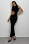 Women's Asymmetrical Waist Belted Zero-Neck Thick Strap Slit Detailed Maxi Length Black Dress 24S25010 - 4