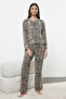 Multi Color Cotton Blend Leopard Pattern Rubber Detailed Knitted Pajamas Set Thmaw25Pt00110 - 3