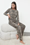 Multi Color Cotton Blend Leopard Pattern Rubber Detailed Knitted Pajamas Set Thmaw25Pt00110